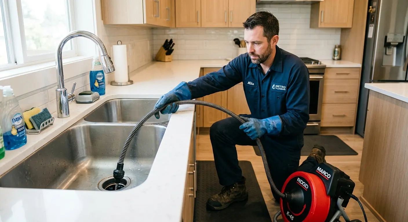Drain cleaning technician using a motorized snake on a kitchen sink in Alta Sierra
