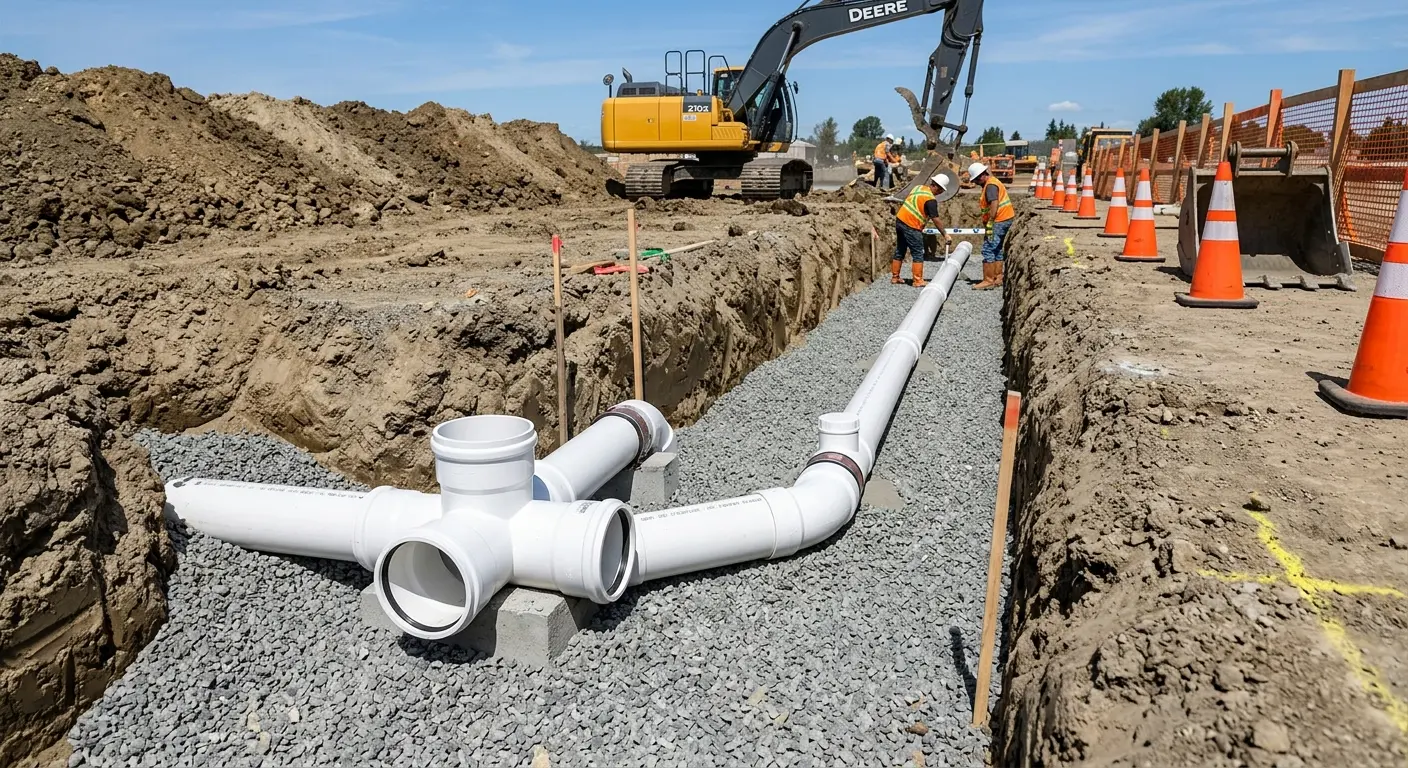 New PVC sewer pipe installation in open trench for Sewer Camera Inspection in Alta Sierra
