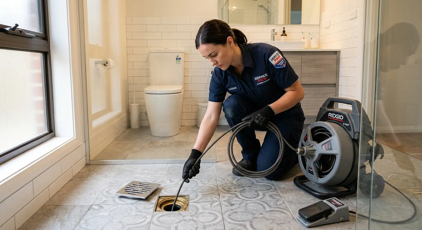 Technician clearing a bathroom floor drain for Sewer Line Replacement in Alta Sierra